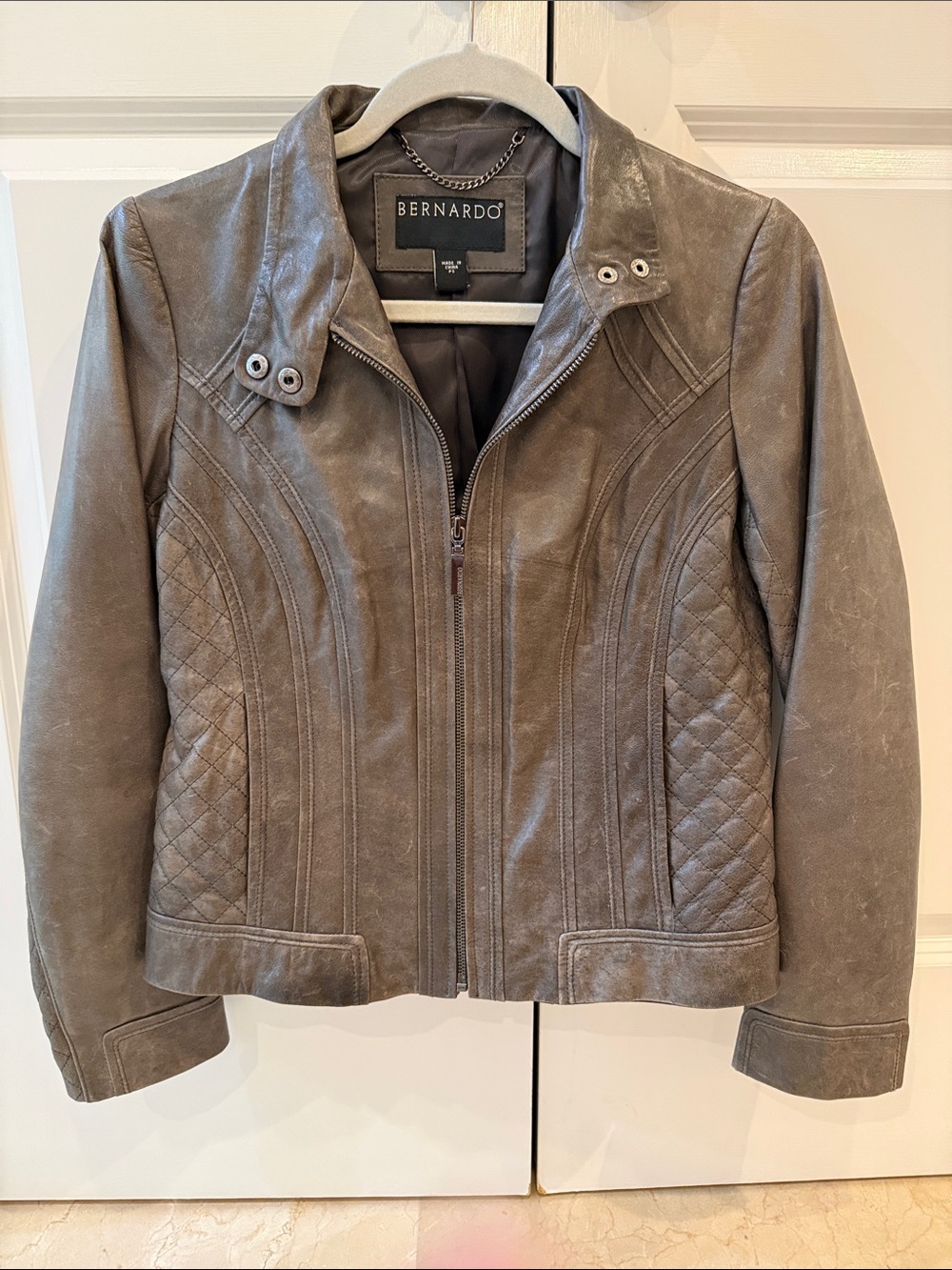 Bernardo Quilted Panel Faux Leather Jacket in Taupe Gray